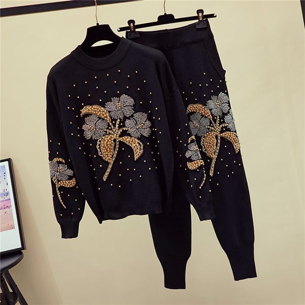 pant autumn women set beading flowers sweater knitted pencil pants two piece outfits female loose black pullover knit trousers suit, White
pant autumn women set beading flowers sweater knitted pencil pants two piece outfits female loose black pullover knit trousers suit, White