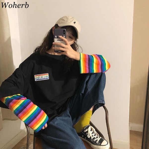 woherb rainbow striped fake two pieces t shirt women casual loose harajuku bf female korean fashion new streetwear 91296, White
woherb rainbow striped fake two pieces t shirt women casual loose harajuku bf female korean fashion new streetwear 91296, White