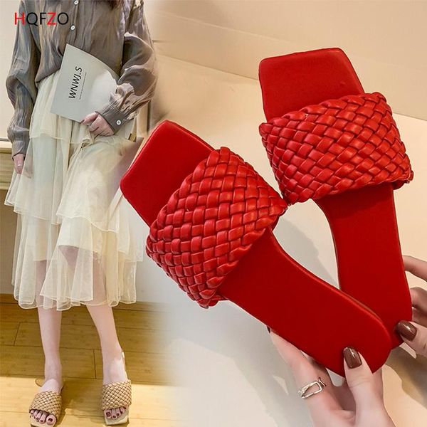 low heels pu leather women slides summer beach shoes weave ladies slippers fashion flip flops, Black