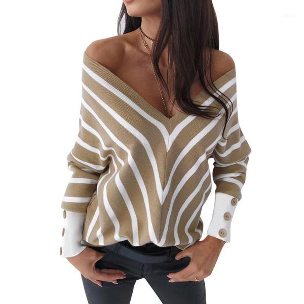 fashion striped women's sweater v-neck casual long sleeve knitted pullover autumn winter loose versatile 2021 sweaters, White;black
fashion striped women's sweater v-neck casual long sleeve knitted pullover autumn winter loose versatile 2021 sweaters, White;black