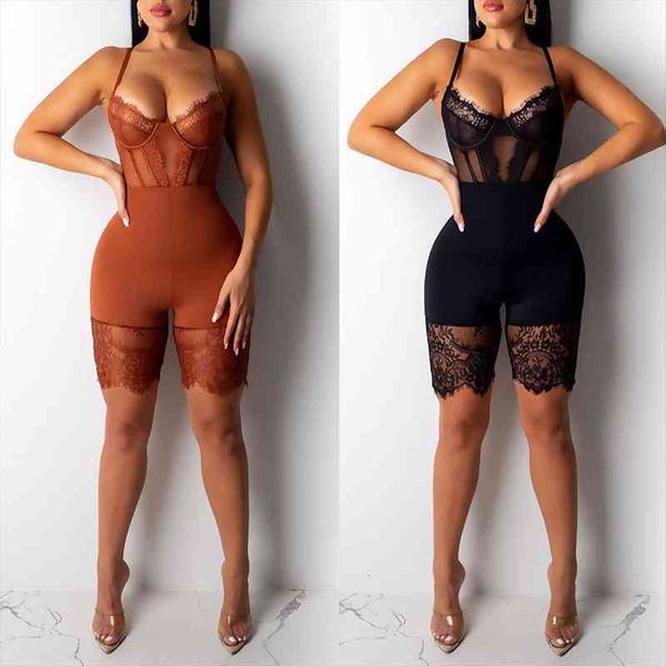 women spaghetti strap perspective lace patchwork zipper nightclub rompers hsj88, Black;white 
women spaghetti strap perspective lace patchwork zipper nightclub rompers hsj88, Black;white