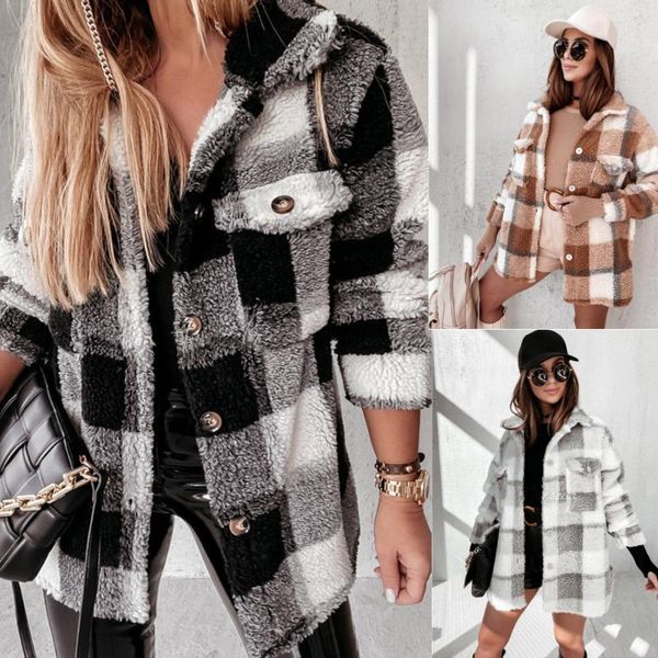 women's wool & blends explosion style loose winter long-sleeved suit collar coat double pocket plaid fleece shirt jacket, Black
women's wool & blends explosion style loose winter long-sleeved suit collar coat double pocket plaid fleece shirt jacket, Black