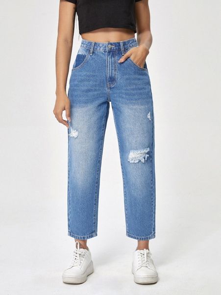 high waisted ripped cropped jeans 182o#, Blue 
high waisted ripped cropped jeans 182o#, Blue