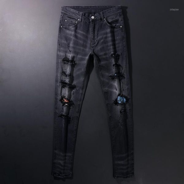 men's jeans american street fashion men retro black gray elastic slim fit ripped patches designer hip hop denim punk pants, Blue
men's jeans american street fashion men retro black gray elastic slim fit ripped patches designer hip hop denim punk pants, Blue