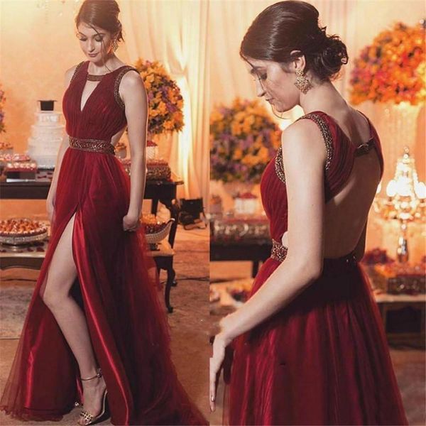 neckline style prom dresses with beaded open back evening formal gowns long side split tulle robe de marrige, Black
neckline style prom dresses with beaded open back evening formal gowns long side split tulle robe de marrige, Black