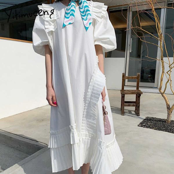 yitimuceng ruched dresses for women oversize puff sleeve loose waist apricot white pink clothes summer fashion midi dress 210601, Black;gray
yitimuceng ruched dresses for women oversize puff sleeve loose waist apricot white pink clothes summer fashion midi dress 210601, Black;gray