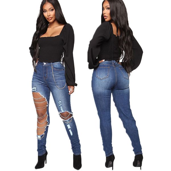 ladies jean women jeans high waist pencil pants woman casual trousers slim big holes metal decoration jewelry handmade wear spring models, Blue