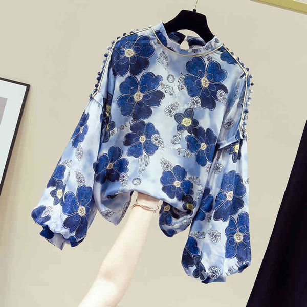 women's blouses & shirts autumn stitching fashion all-match chiffon ladies floral lantern sleeve elegant blue hedging printing, White
women's blouses & shirts autumn stitching fashion all-match chiffon ladies floral lantern sleeve elegant blue hedging printing, White