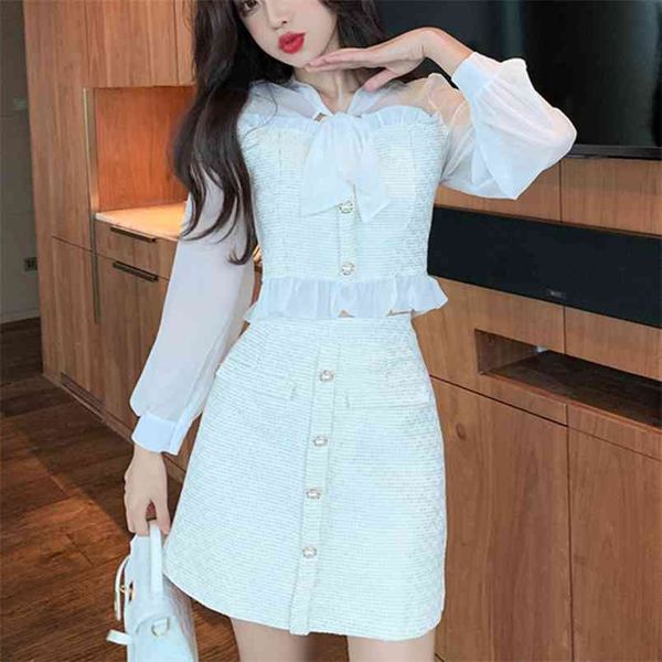 spring autumn sweet korean elegant two piece set women bow tweed patchwork chiffon blouse shirt + mini skirt suits 210514, White
spring autumn sweet korean elegant two piece set women bow tweed patchwork chiffon blouse shirt + mini skirt suits 210514, White