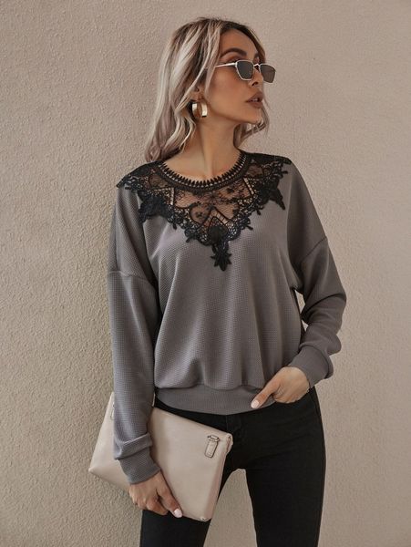 contrast lace drop shoulder sweatshirt a73z#, White;black
contrast lace drop shoulder sweatshirt a73z#, White;black