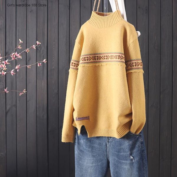 women's sweaters catkins winter national style jacquard stitching half high collar t-shirt loose long sleeve core spun yarn sweater, White;black
women's sweaters catkins winter national style jacquard stitching half high collar t-shirt loose long sleeve core spun yarn sweater, White;black