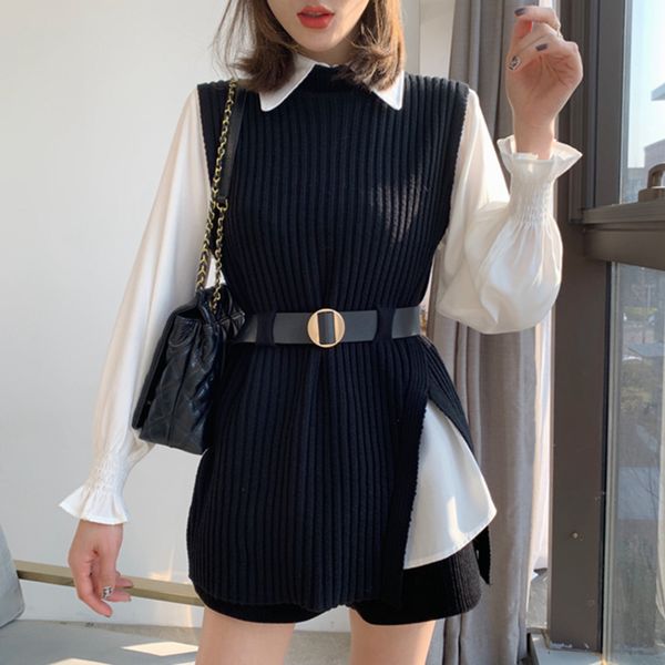spring arrivals women knitted pullovers vest white blouse casual belt suit two piece set conjuntos mujer ml614 210510
spring arrivals women knitted pullovers vest white blouse casual belt suit two piece set conjuntos mujer ml614 210510