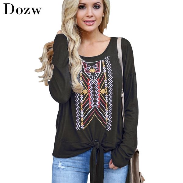 women blouses fashion vintage casual print long sleeve tie knot shirt loose o neck tunic plus size blusa 210515, White 
women blouses fashion vintage casual print long sleeve tie knot shirt loose o neck tunic plus size blusa 210515, White