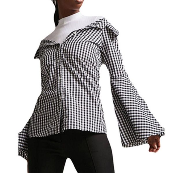 women's blouses & shirts women ladies long flare sleeve loose fashion plaid button off shoulder backless, White
women's blouses & shirts women ladies long flare sleeve loose fashion plaid button off shoulder backless, White