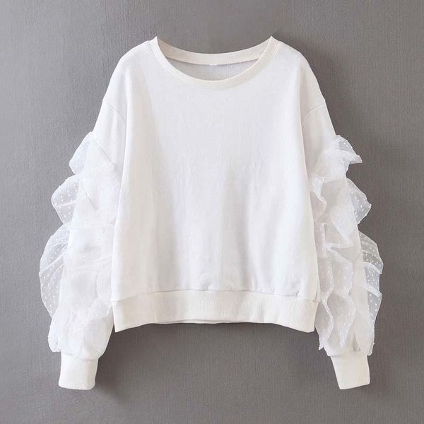 women's hoodies & sweatshirts women 2021 elegant pullovers solid color long ruffle sleeve white crewneck loose soft casual, Black