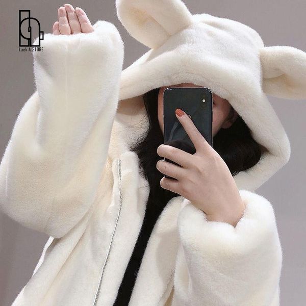 women's fur & faux women winter coat 2021 cute bear ears furry velvet add cotton/no cotton jacket lady loose imitation mink overcoat, Black 
women's fur & faux women winter coat 2021 cute bear ears furry velvet add cotton/no cotton jacket lady loose imitation mink overcoat, Black