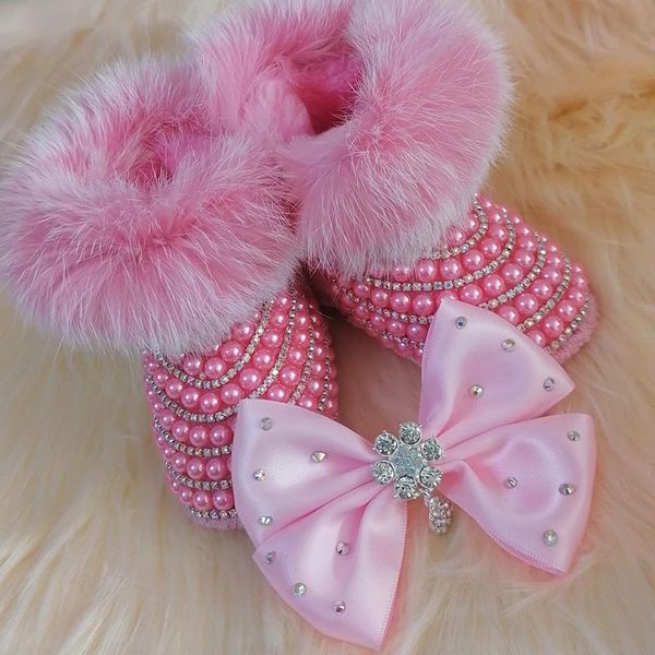 first walkers pearls crystal baby girls snow boots headband rhinestones bling shining golden noble angel shoes winter gift