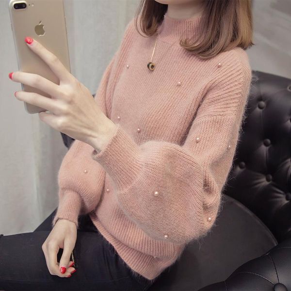 women's sweaters 2021 style thickening sweater, winter female short korean version loose pin bead lantern sleeve knitted semi high neck, White;black
women's sweaters 2021 style thickening sweater, winter female short korean version loose pin bead lantern sleeve knitted semi high neck, White;black