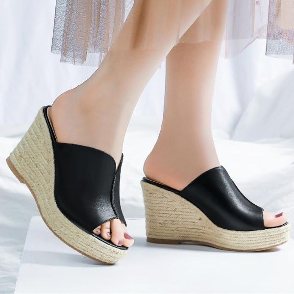 dress shoes women's genuine leatehr wedge platform slip-on summer numes high heel open toe slides female comfortable, Black
dress shoes women's genuine leatehr wedge platform slip-on summer numes high heel open toe slides female comfortable, Black