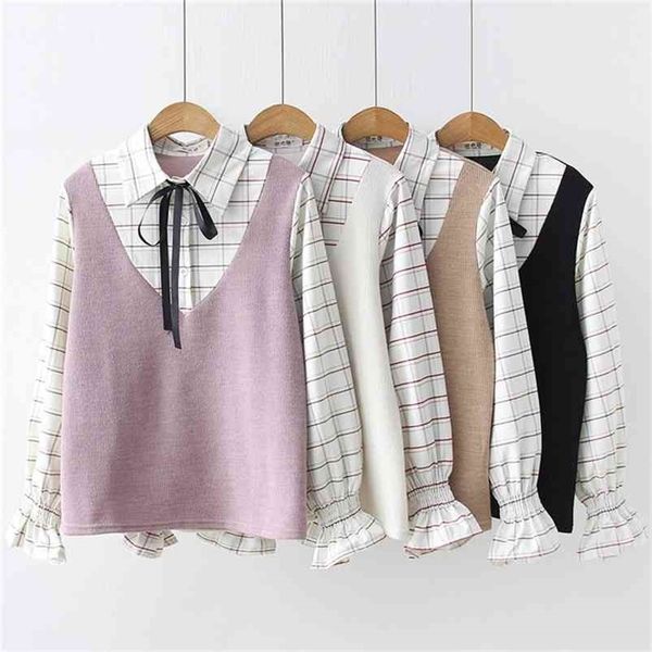 hsa women harajuku fake two piece shirt sweater flare long sleeve plaid blouses patchwork chemise femme blusas 210430, Black;white
hsa women harajuku fake two piece shirt sweater flare long sleeve plaid blouses patchwork chemise femme blusas 210430, Black;white