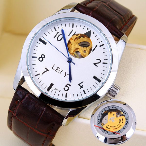 new high-end fashion belt automatic hollow mechanical men's watch, Slivery;brown