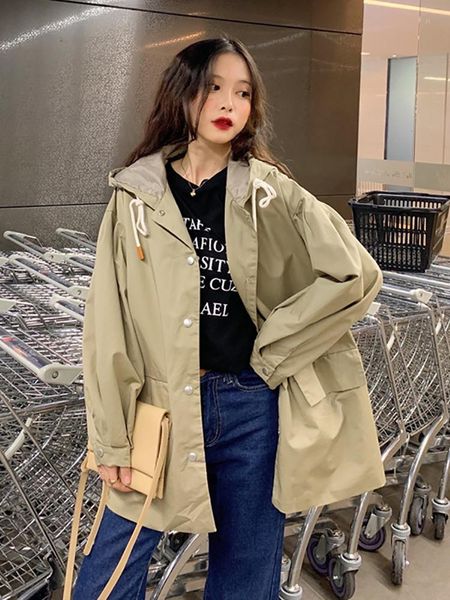 korean loose hooded single breasted jacket windbreaker work wear medium long coat women's jackets, Black;brown 
korean loose hooded single breasted jacket windbreaker work wear medium long coat women's jackets, Black;brown