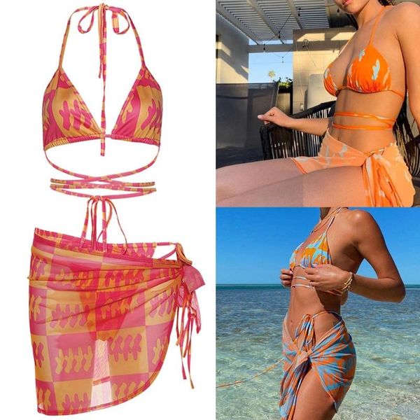 women's swimwear women 3pcs contrast plaid bikini set halter swimsuit with sarong cover up k3nc, White;black
women's swimwear women 3pcs contrast plaid bikini set halter swimsuit with sarong cover up k3nc, White;black