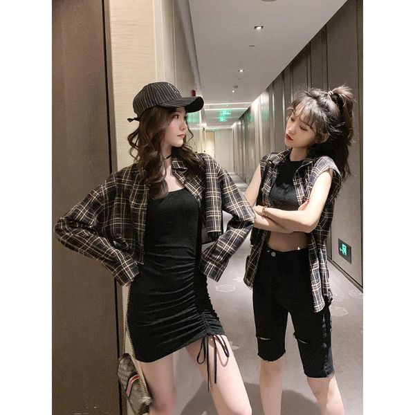 women's tracksuits slim black drawstring sling dress autumn 2021 plaid shirt two-piece set, Gray
women's tracksuits slim black drawstring sling dress autumn 2021 plaid shirt two-piece set, Gray