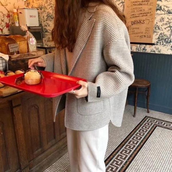 women's wool & blends female short single button woolen plaid coat jackets autumn winter women loose oversized houndstooth drop shoulde, Black
women's wool & blends female short single button woolen plaid coat jackets autumn winter women loose oversized houndstooth drop shoulde, Black