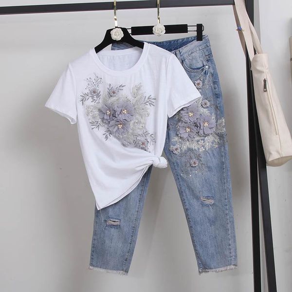 summer fashion white pink t-shirt holes denim pants outfits women suit loose embroidery flowers tee shirt jeans set female women's two
summer fashion white pink t-shirt holes denim pants outfits women suit loose embroidery flowers tee shirt jeans set female women's two