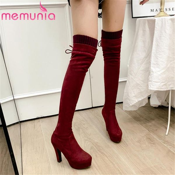boots memunia 2021 arrival women thigh high flock round toe heels platform warm winter ladies shoes, Black