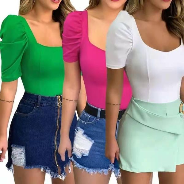 women's t-shirt 2021 summer pleated short sleeve square neck ladies solid color fashion, White
women's t-shirt 2021 summer pleated short sleeve square neck ladies solid color fashion, White