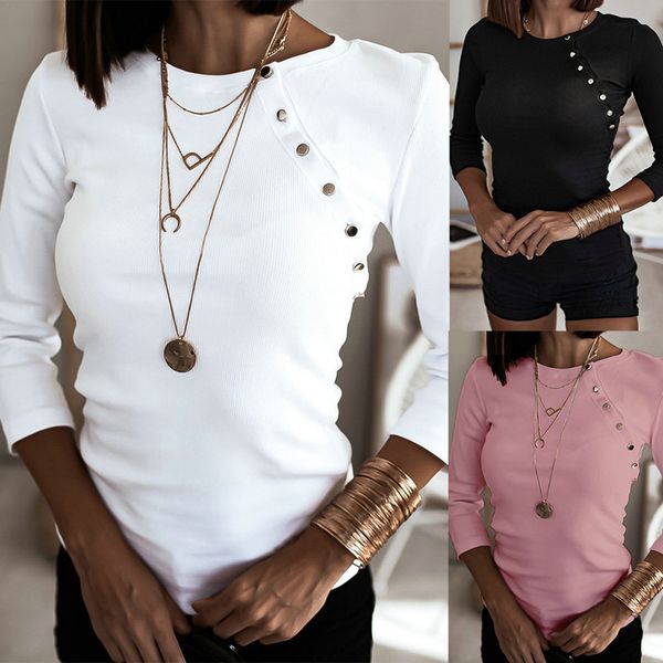 casual fall women bevel button thread solid color all-match shirts slim basis white office spring female blouse 210423
casual fall women bevel button thread solid color all-match shirts slim basis white office spring female blouse 210423