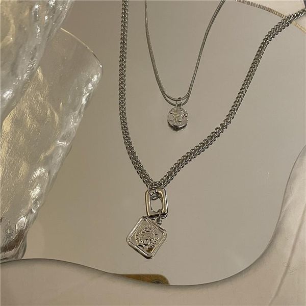 chains ins cold wind double layered wearing square coin pendant necklace female light luxury net red temperament clavicle chain, Silver