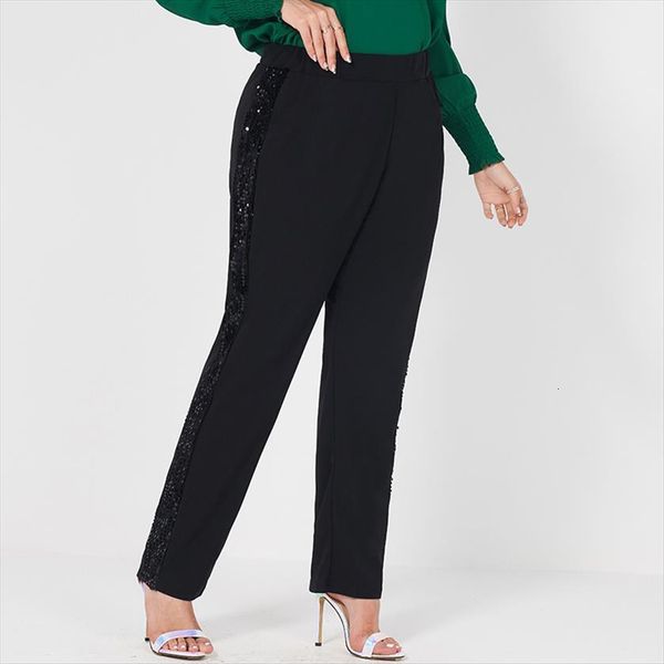 product fashion elastic waist womens pant sequined webbing stitching pure black loose large size trousers, Black;white
product fashion elastic waist womens pant sequined webbing stitching pure black loose large size trousers, Black;white
