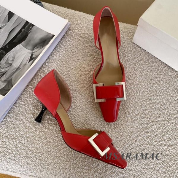 sandals red patent leather metal frame hollow high heel square toe dress shoes fashion summer party, Black
sandals red patent leather metal frame hollow high heel square toe dress shoes fashion summer party, Black