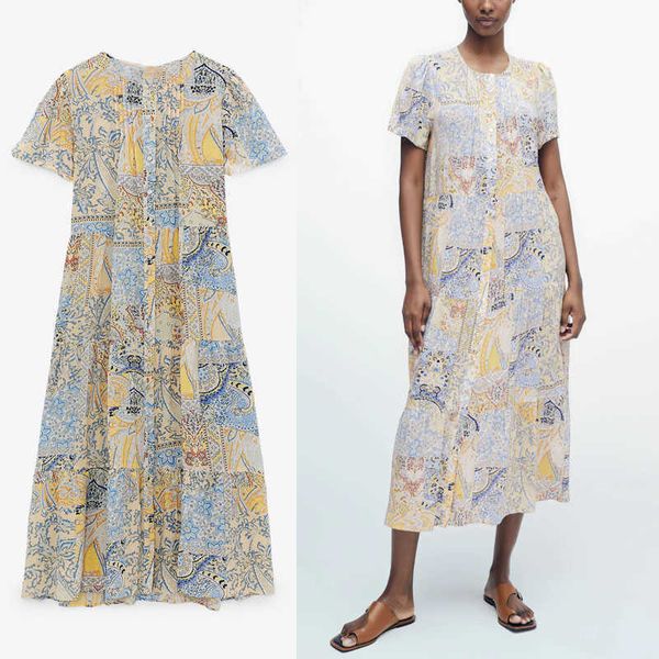 women vintage print midi summer dresses za short sleeve front pin tuck elegant party dress woman chic button up loose dress 210602, Black;gray
women vintage print midi summer dresses za short sleeve front pin tuck elegant party dress woman chic button up loose dress 210602, Black;gray