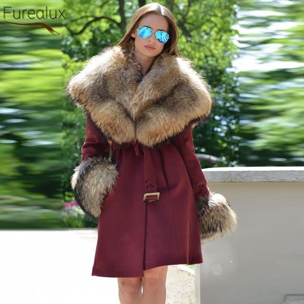 women's fur & faux furealux real cashmere wool coat autumn winter fashion style clothing with hat brim cuffs detachable, Black
women's fur & faux furealux real cashmere wool coat autumn winter fashion style clothing with hat brim cuffs detachable, Black
