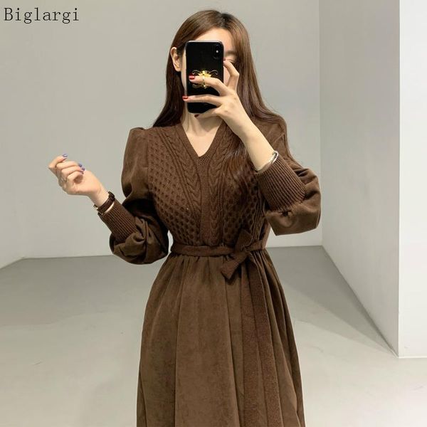 korean knitted sweater velvet dress women 2021 fashion patchwork vintage v-neck ladies puff sleeve casual midi dresses, Black;gray
korean knitted sweater velvet dress women 2021 fashion patchwork vintage v-neck ladies puff sleeve casual midi dresses, Black;gray