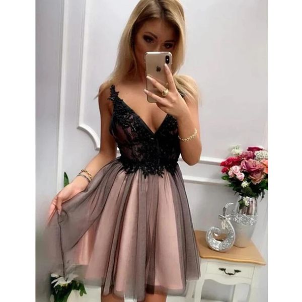 homecoming dresses short deep v neck lace appliques open back tulle party graduation plus size cocktail gowns, Black
homecoming dresses short deep v neck lace appliques open back tulle party graduation plus size cocktail gowns, Black