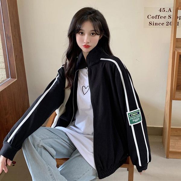 women's jackets autumn korean jacket cardigan 2021 loose contrast striped stand collar sweater sportswear fashion, Black;brown
women's jackets autumn korean jacket cardigan 2021 loose contrast striped stand collar sweater sportswear fashion, Black;brown