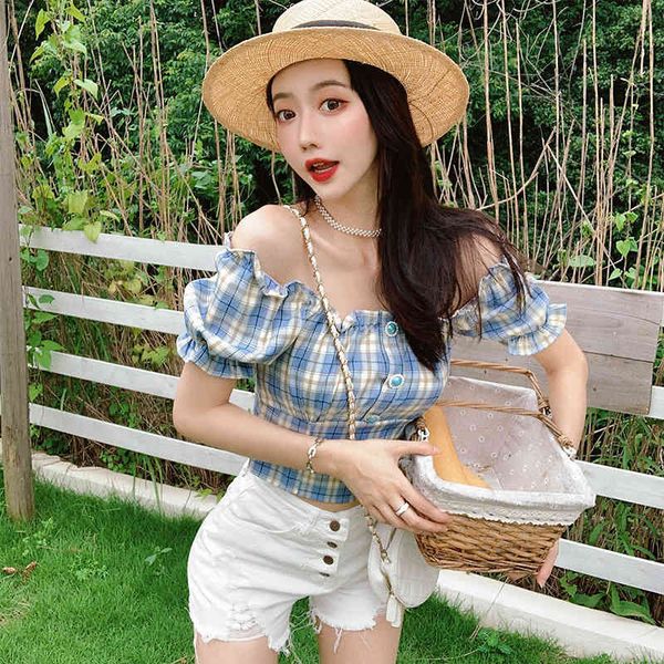 women's knits & tees off-shoulder plaid printed shirt summer short sleeve design sense niche waist french style retro puff dys3, White
women's knits & tees off-shoulder plaid printed shirt summer short sleeve design sense niche waist french style retro puff dys3, White