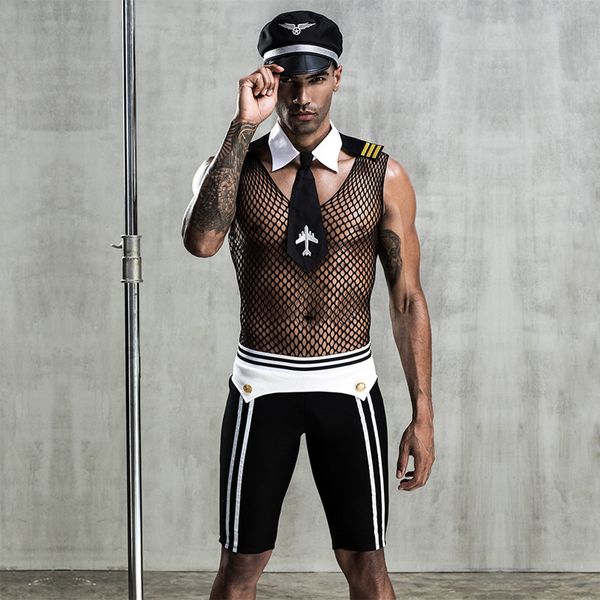 set uniform european and american men's police pilot cosplay lingerie suit, Black;white
set uniform european and american men's police pilot cosplay lingerie suit, Black;white