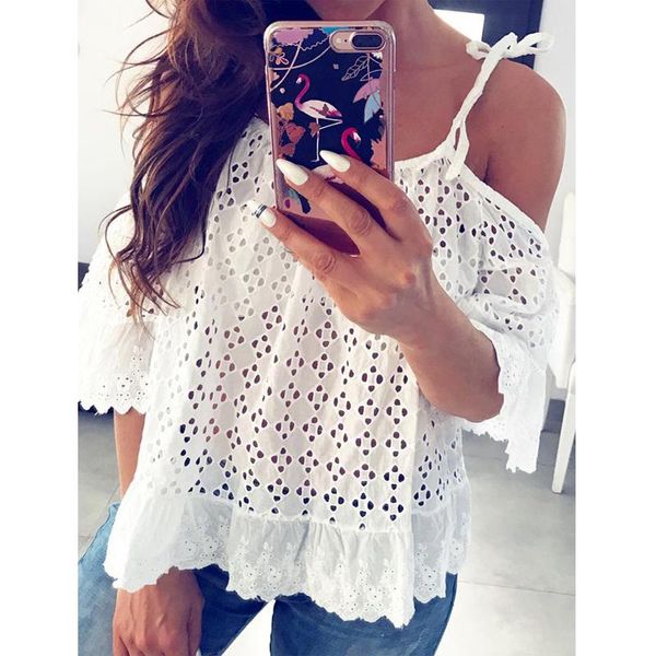 blouses summer women's solid off shoulder suspender cut out blouse and short sleeve & shirts, White
blouses summer women's solid off shoulder suspender cut out blouse and short sleeve & shirts, White