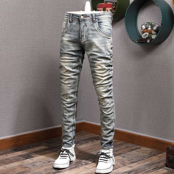european vintage fashion men jeans retro wash elastic slim fit ripped distred designer casual cotton denim pants r8gt, Blue
european vintage fashion men jeans retro wash elastic slim fit ripped distred designer casual cotton denim pants r8gt, Blue