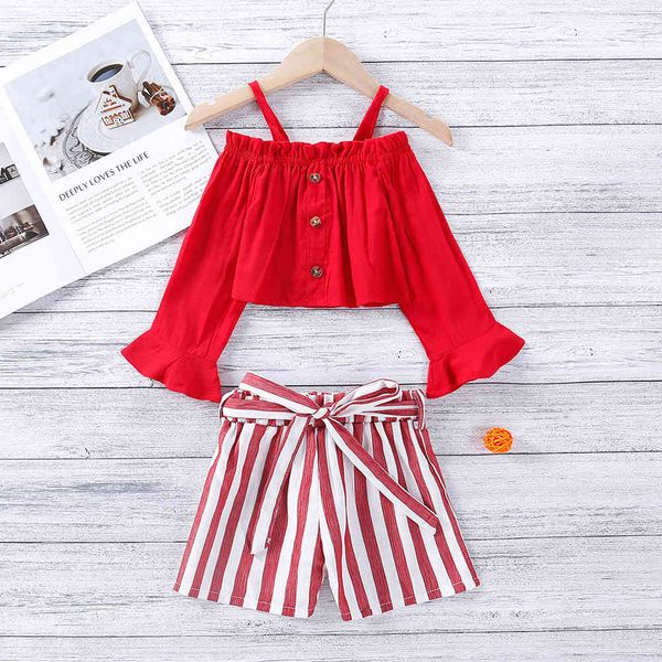 spring summer long-sleeved girls clothes suit one-shoulder strap + striped shorts children's 2-piece set 210515, White
spring summer long-sleeved girls clothes suit one-shoulder strap + striped shorts children's 2-piece set 210515, White