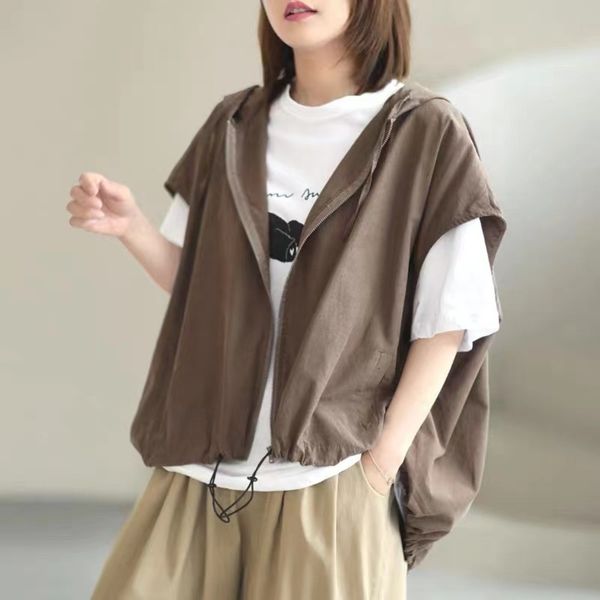 hooded drawstring cloak cotton zipper vest loose casual color coat women's top, White
hooded drawstring cloak cotton zipper vest loose casual color coat women's top, White