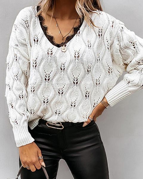 women's sweaters 2021 autumn v-neck lace patchwork lady knit winter warm casual long sleeve pullover fashion solid female jumper, White;black
women's sweaters 2021 autumn v-neck lace patchwork lady knit winter warm casual long sleeve pullover fashion solid female jumper, White;black
