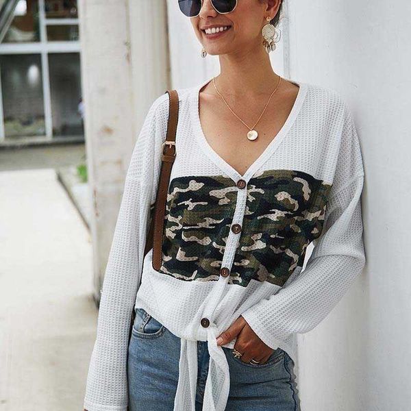 fashion camouflage patchwork women t-shirt v-neck long sleeve bandage button streetwear shirt w283 210526, White
fashion camouflage patchwork women t-shirt v-neck long sleeve bandage button streetwear shirt w283 210526, White