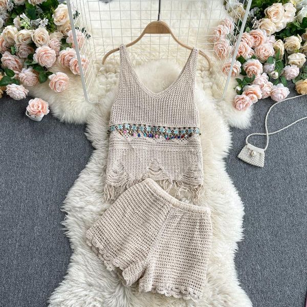 women's tracksuits gagaok beach style two piece set women 2021 summer fashion tassel wild knitted outfits v neck tanks + solid shorts, Gray
women's tracksuits gagaok beach style two piece set women 2021 summer fashion tassel wild knitted outfits v neck tanks + solid shorts, Gray
